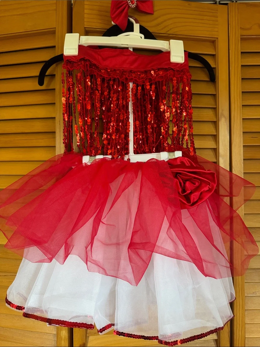 Red Sequin Fringe Tutu Dress with Rosette Accent